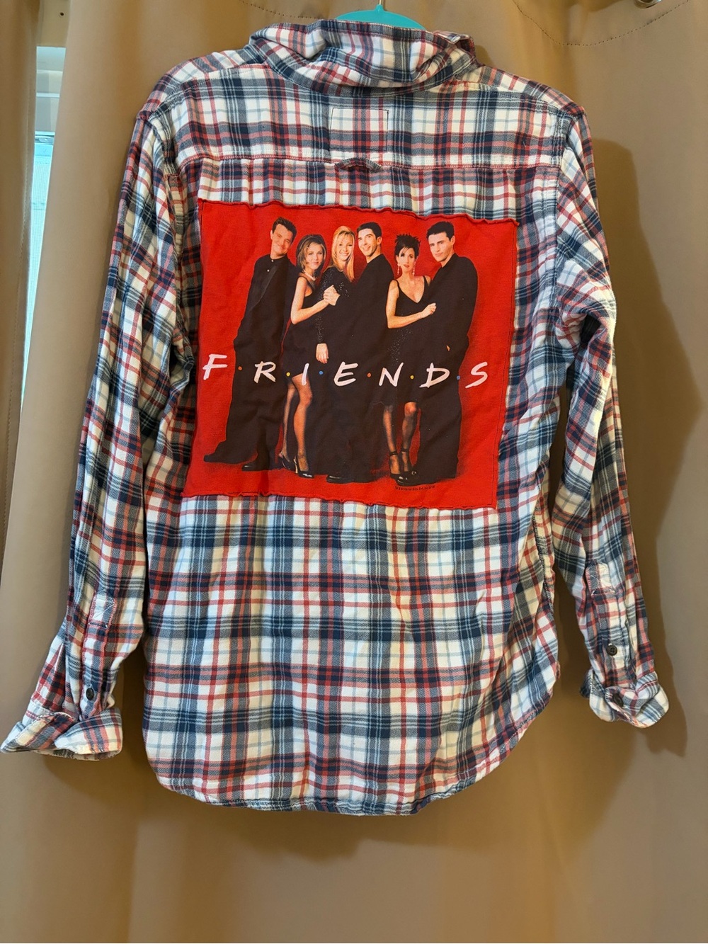 Plaid Flannel Shirt with Red 'Friends' Back Patch| size medium